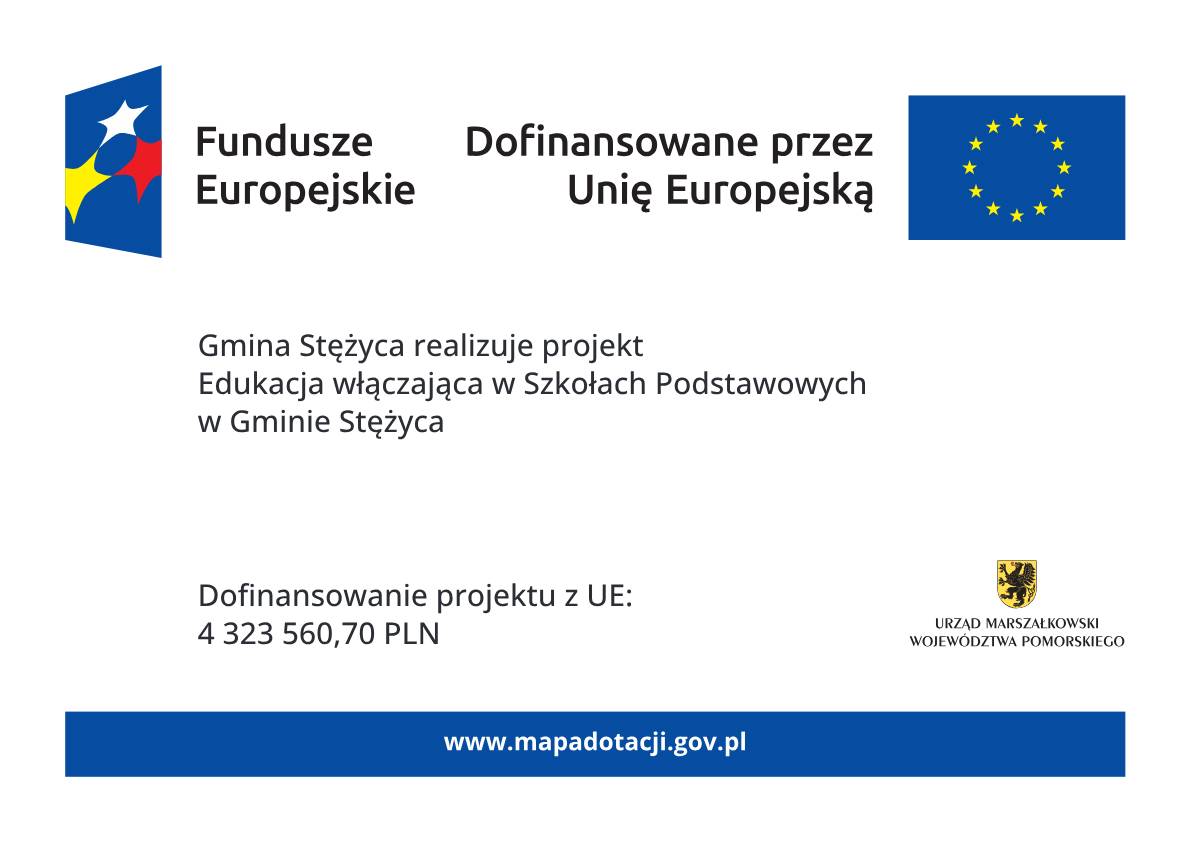 plakat informacyjny zawierający nazwę Beneficjenta, tytuł projektu, kwotę dofinansowania UE, logo Funduszy Europejskich, logo UE, herb województwa pomorskiego oraz adres portalu www.mapadotacji.gov.pl