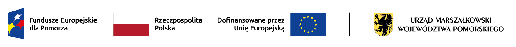 Znak Funduszy Europejskich, barw Rzeczypospolitej Polskiej, znak UE i herb województwa pomorskiego